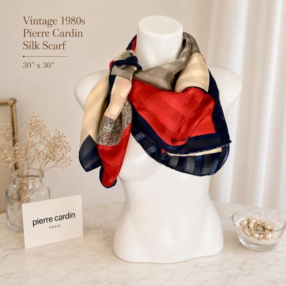 Vintage Pierre Cardin Silk Scarf 1980s Geometric Colorblock Navy Red 30x30